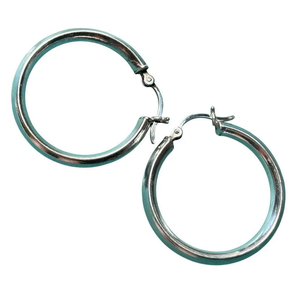 Hoop Earrings Silver 925 Sterling Polished 1 Inch Round Saddleback 6.2g